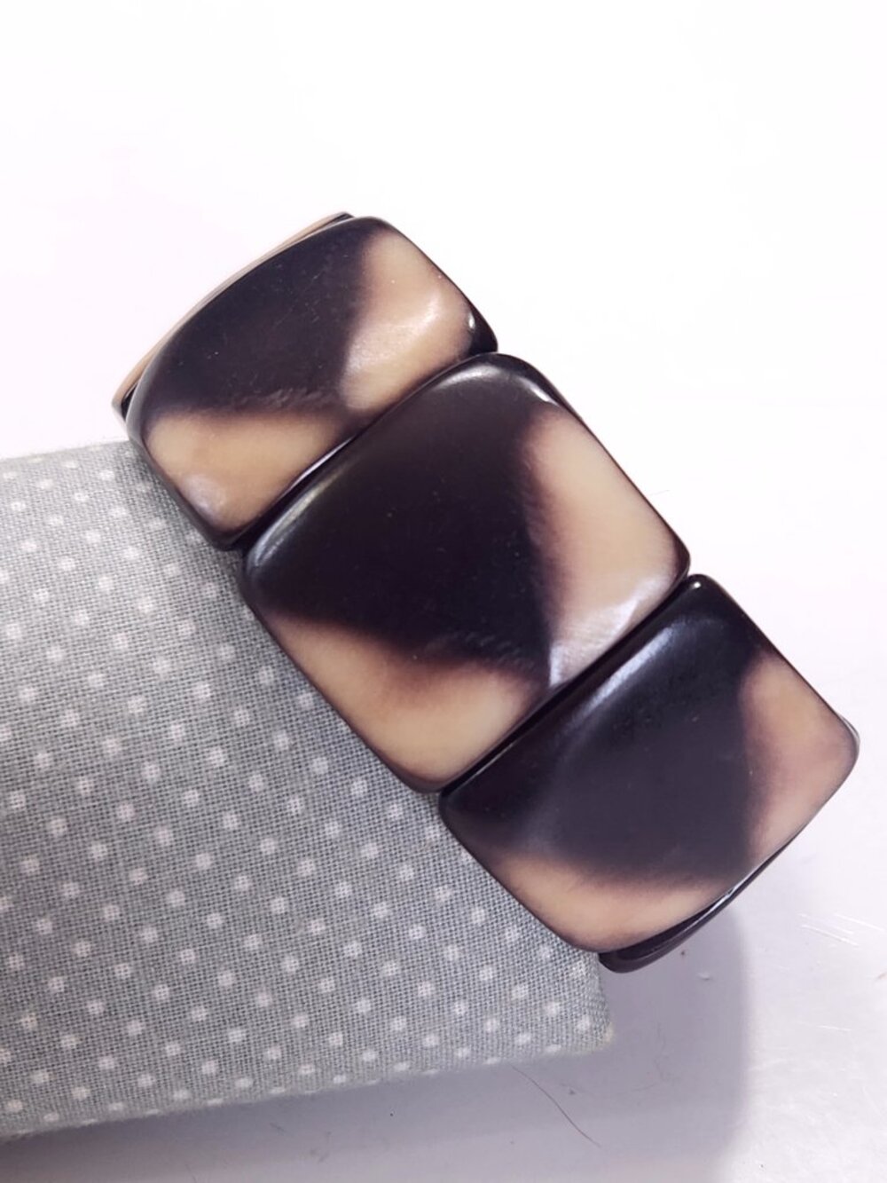 Vintage Water Buffalo Horn Stretch Panel Bracelet Artisan-made Cream/Brown